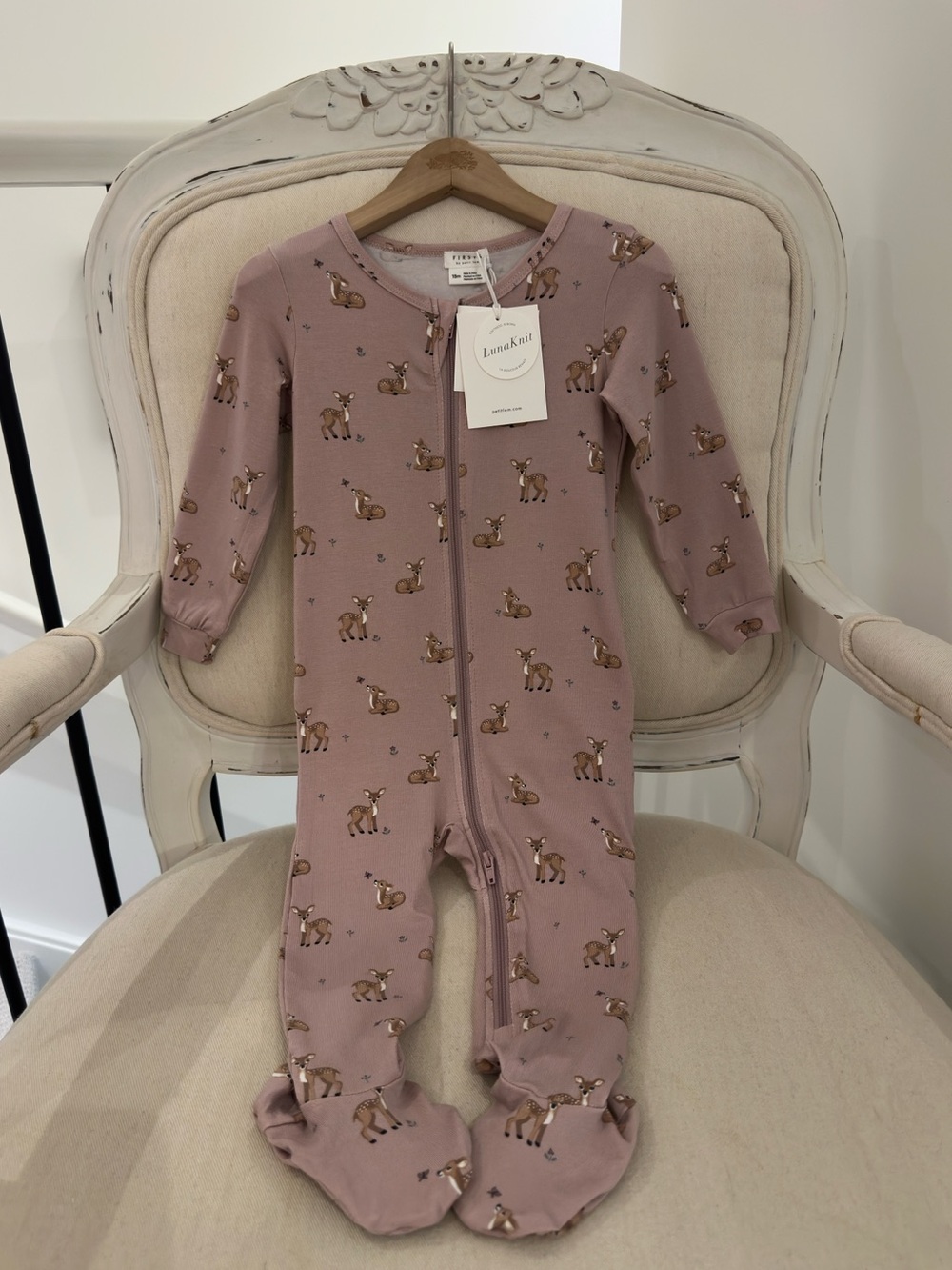🦌 18 Mth Organic Fall Fawn Print on Twilight LunaKnit Sleeper by Petit Lem